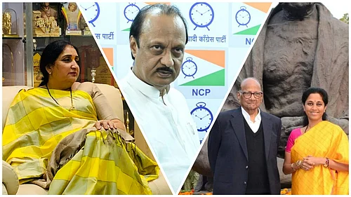 sunetrapawar.com and X/@AjitPawarSpeaks and @PawarSpeaks
: L to R: Ajit Pawars wife Sunetra | Ajit Pawar | Sharad Pawar and Supriya Sule