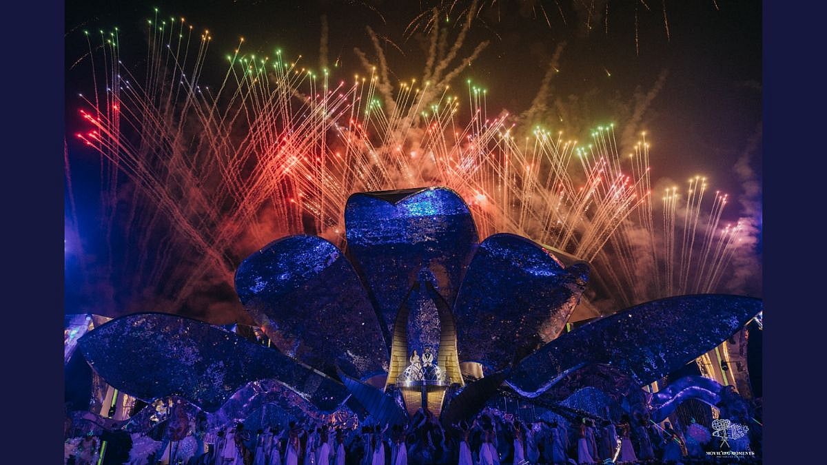 The couples arrival followed by opulent decor and fireworks