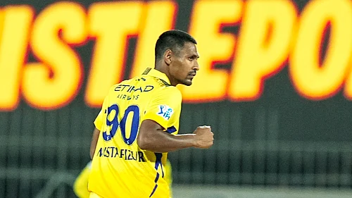 PTI : Chennai Super Kings Mustafizur Rahman celebrates the wicket of Royal Challengers Bengaluru captain Faf du Plessis during their Indian Premier League 2024 cricket match at MA Chidambaram Stadium in Chennai on March 22, 2024.