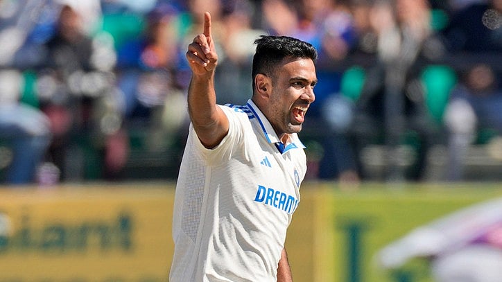 (AP Photo /Ashwini Bhatia) : Indias Ravichandran Ashwin celebrates the wicket of Englands Zak Crawley on the third day of the fifth and final test match between England and India in Dharamshala, India, Saturday, March 9, 2024. 