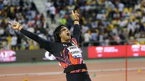 | Photo: AP/Hussein Sayed : Neeraj Chopra reacts after an attempt in the mens javelin throw during the Diamond League athletics meet at the Qatar Sports Club stadium in Doha.