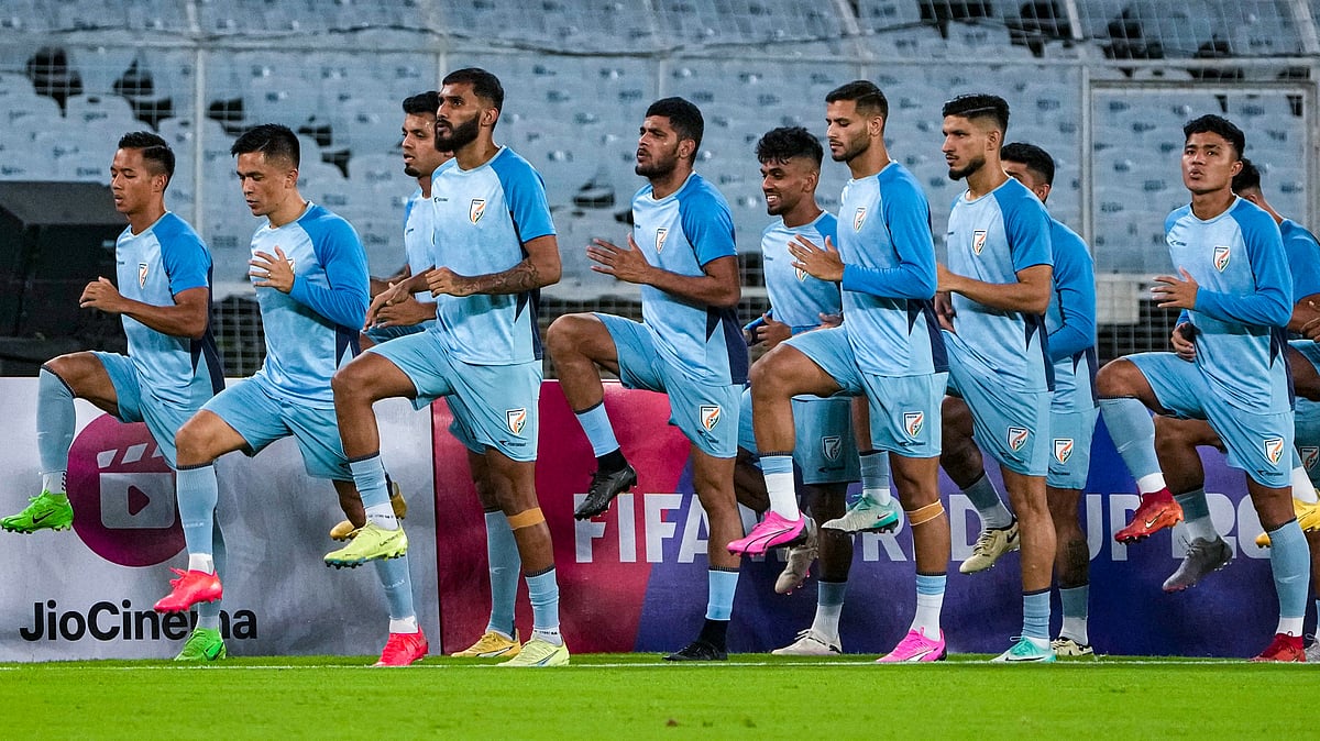 | Photo: PTI/Swapan Mahapatra : File photo of the Indian national football team captain Sunil Chhetri with teammates before the FIFA World Cup 2026 qualifier match between India and Kuwait, in Kolkata.