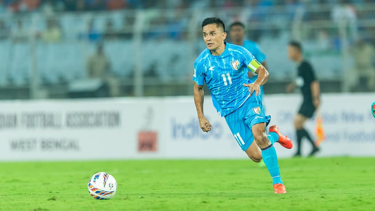 Photo: AIFF Media : Indian captain Sunil Chhetri in match against Kuwait in FIFA World Cup 2026 qualifiers match.