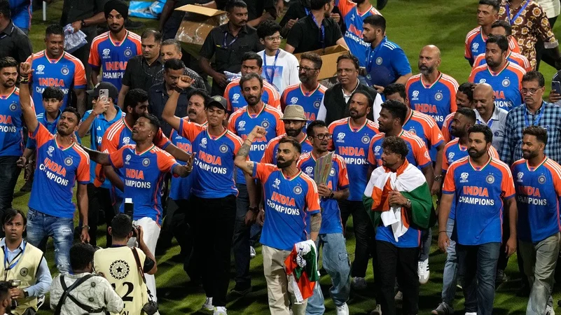 Team India celebrates at Wankhede Stadium, T20 World Cup trophy, Mumbai, AP photo