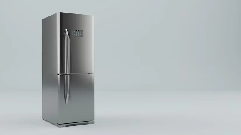 A double door refrigerator on a sleek grey background 
