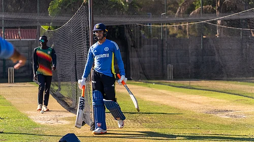 | Photo: X/BCCI : Indian batter Abhishek Sharma coming out of the nets.