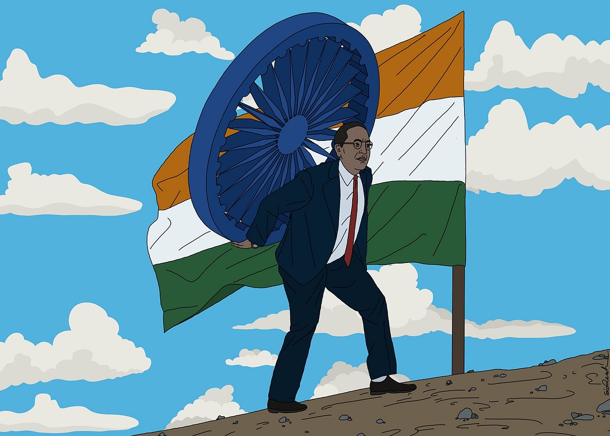 Digital Illustration, 2021 : Dr Ambedkar carrying Ashok Chakra in front of the Indian flag. The illustration depicts that true freedom requires continuous efforts