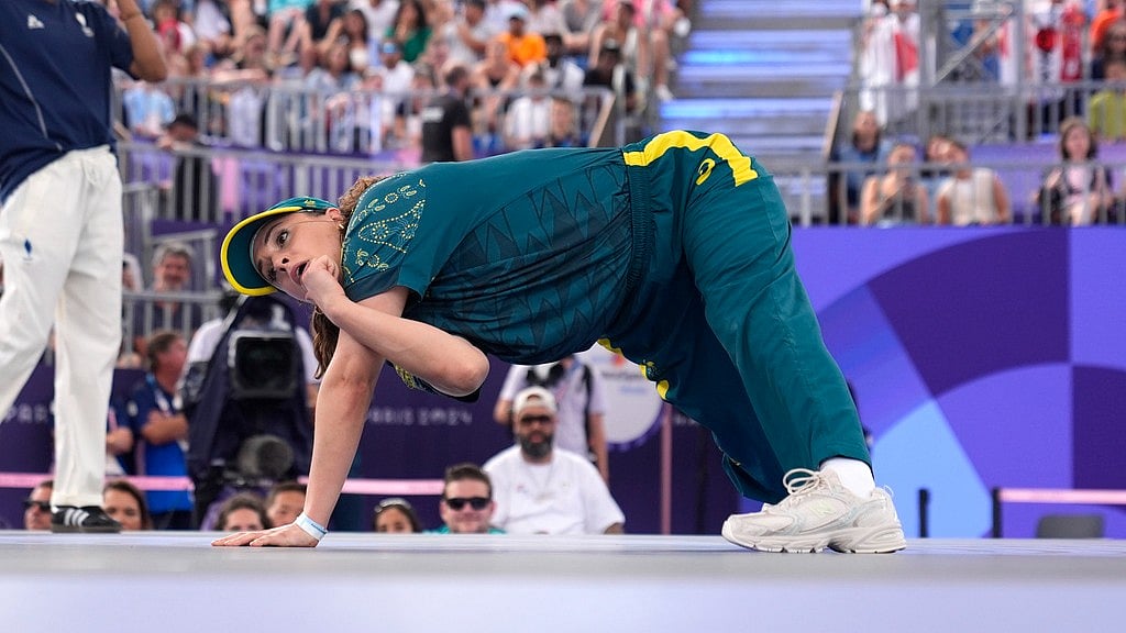 AP : Australias Rachael Gunn, known as B-Girl Raygun, competes during the Round Robin Battle at the breaking competition at La Concorde Urban Park at the 2024 Summer Olympics, Friday, Aug. 9, 2024, in Paris, France.