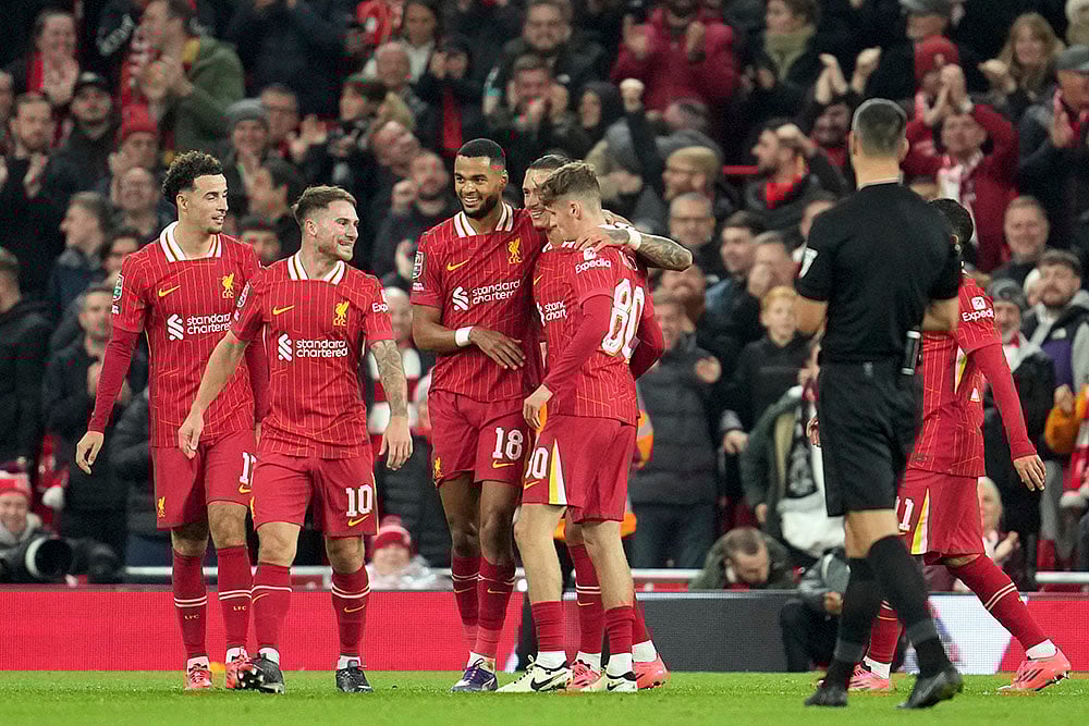 | Photo: AP/Jon Super : EFL Cup, Liverpool vs West Ham: Liverpools Cody Gakpo, 3rd left, celebrates after scoring his sides fifth goal 