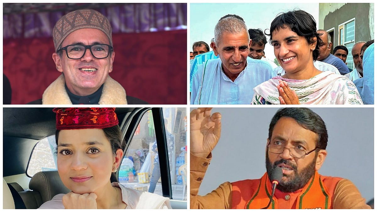 X : Top L and R: NC leader Omar Abdullah, Congresss Vinesh Phogat | Bottom L and R: PDP leader Iltija Mufti, BJPs Nayab Singh Saini