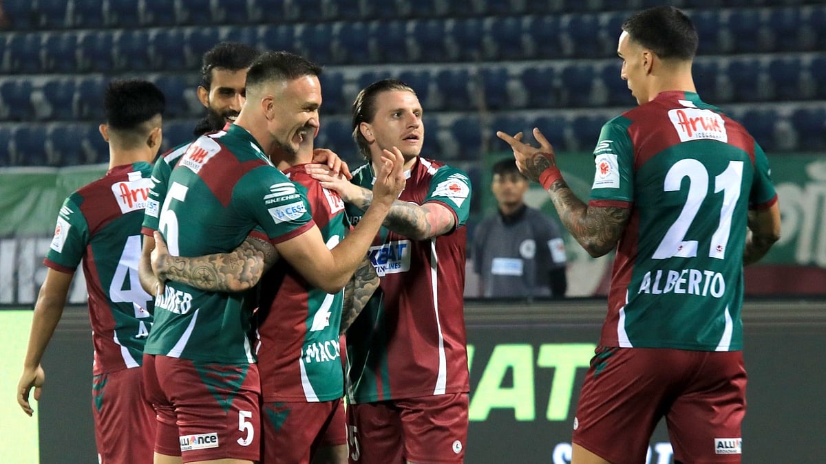 Photo: ISL/FSDL : Mohun Bagan celebrate Jamie MacLaren's goal against East Bengal in the Indian Super League.