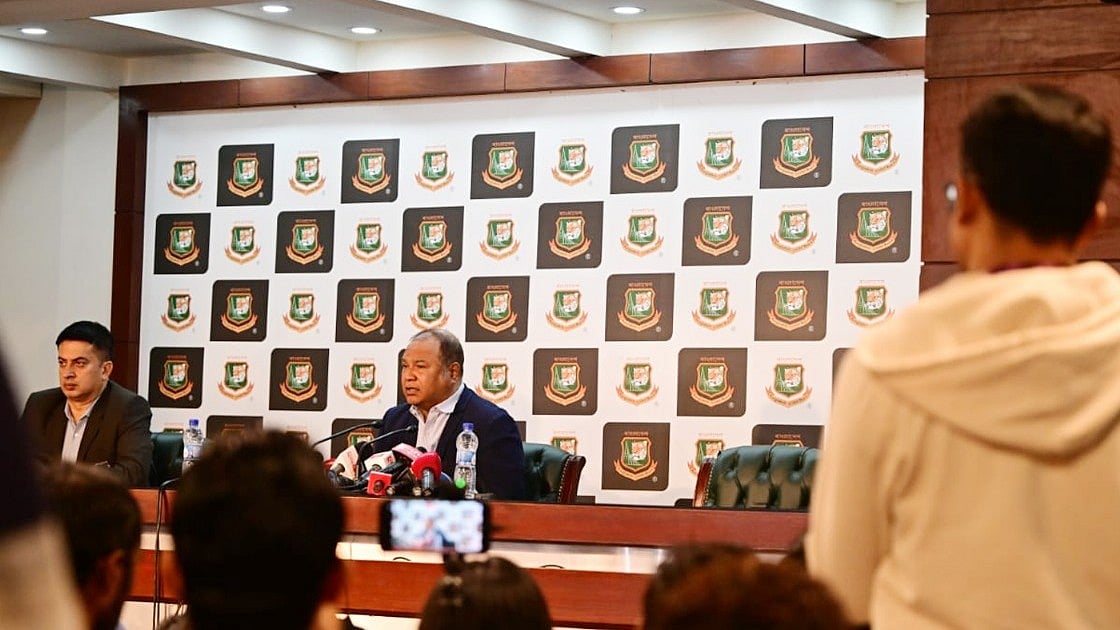 | Photo: X/BCBTigers : Bangladesh Cricket Board (BCB) officials during the squad announcement of the ICC Champions Trophy 2025.