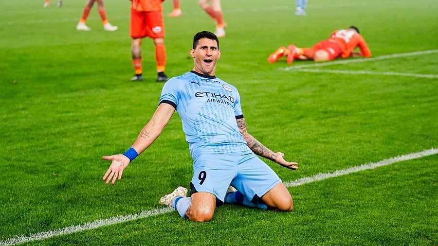 Photo: X/Mumbai City FC : Nikolaos Karelis celebrates his goal for Mumbai City FC against Punjab FC in the Indian Super League.