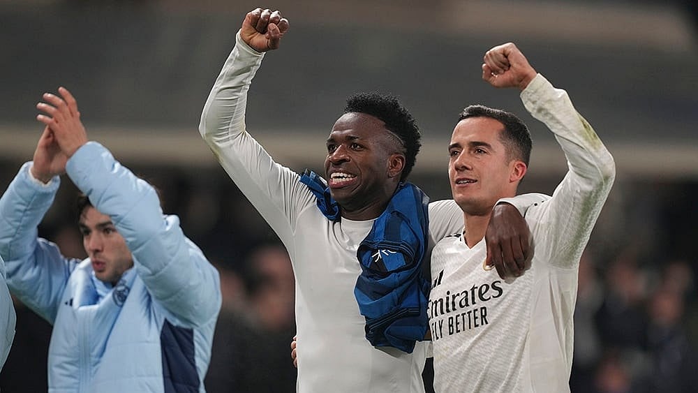 | Photo: AP/Antonio Calanni : Champions League 2024-25: Real Madrid players celebrate at the end of the match 