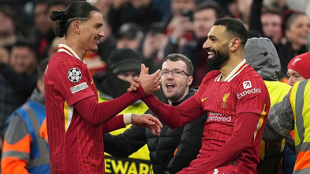 | Photo: AP/Jon Super : Champions League 2024–25: Mohamed Salah celebrates after scoring his side's first goal