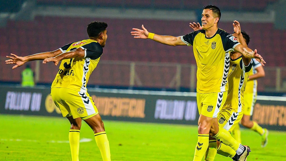 ISL : Hyderabad FC celebrate a goal against Jamshedpur FC in the Indian Super League.