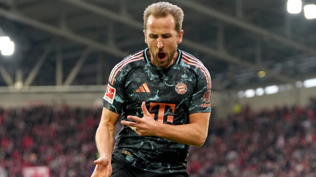 Harry Kane celebrates his goal against Freiburg
