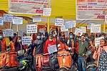| Photo: PTI : Gig workers protest in Patna