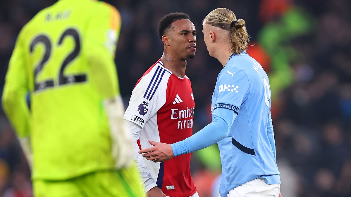 Gabriel Magalhaes squares up to Erling Haaland in September's return fixture