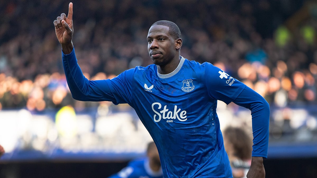 Abdoulaye Doucoure celebrates his opening goal for Everton after just 10 seconds.
