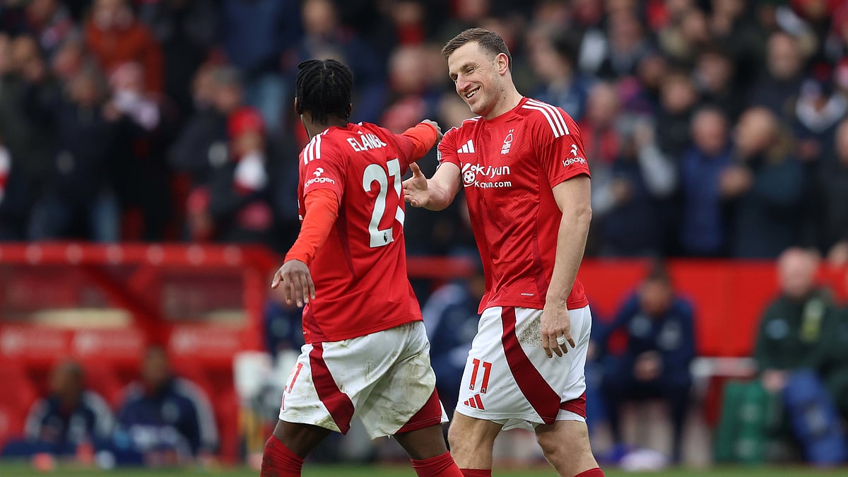 Chris Wood and Anthony Elanga celebrate Nottingham Forest's 7-0 win over Brighton