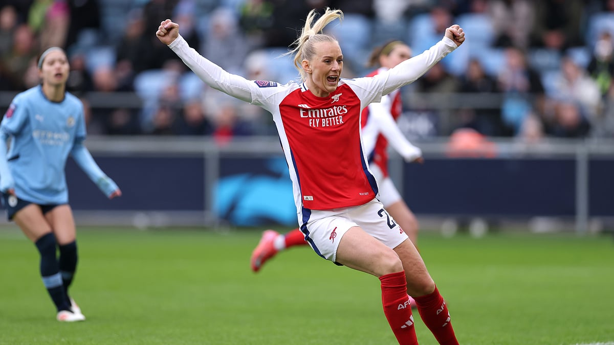 Stina Blackstenius celebrates her goal against Manchester City.