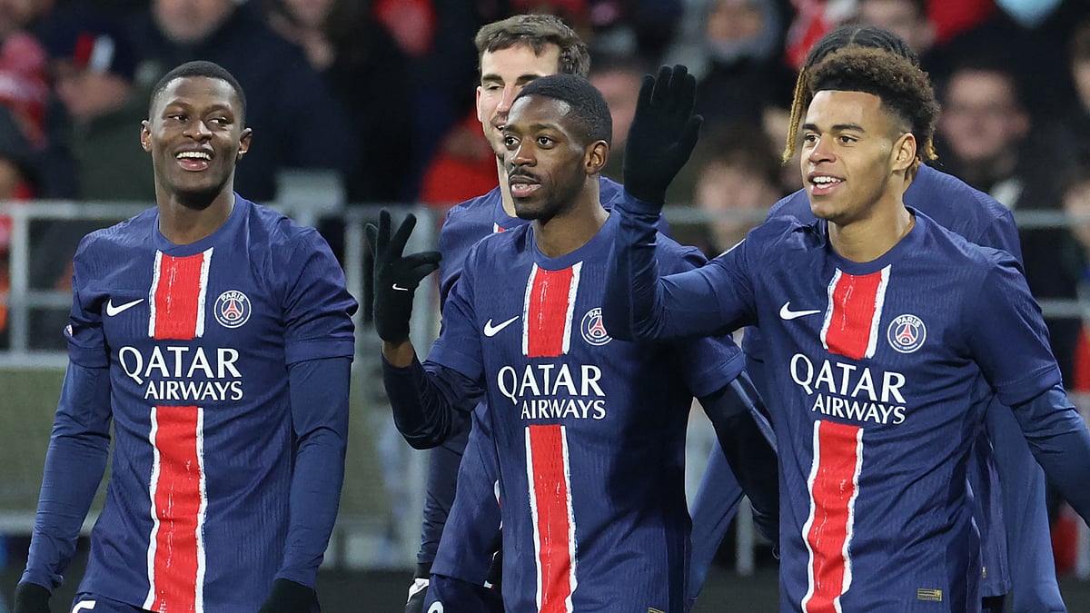 File Photo : Ousmane Dembele celebrates his hat-trick against Brest.