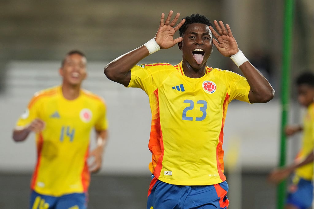 AP/Ariana Cubillos : Colombia's Neiser Villarreal celebrates his team's second goal during a South American U-20 Championship soccer match against Paraguay, in Caracas, Venezuela, Tuesday, Feb 4, 2025.
