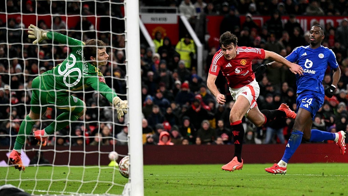 Harry Maguire heads home the winner for Manchester United against Leicester.