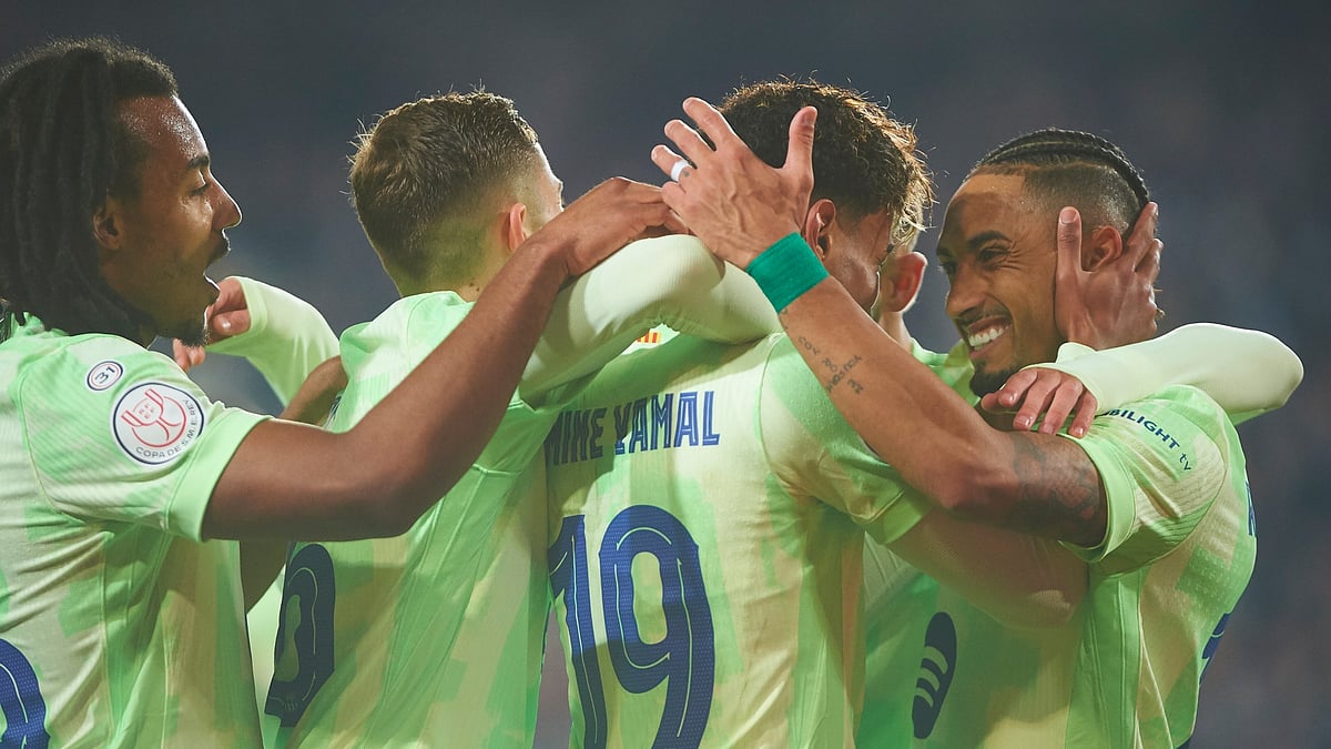 Barcelona celebrate during their 5-0 win over Valencia