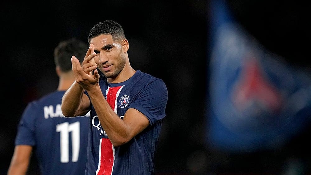 | Photo: AP/Thibault Camus : PSG's Achraf Hakimi celebrates after scoring his side's fourth goal.