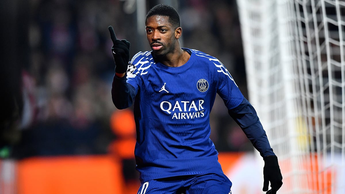 Ousmane Dembele celebrates after scoring his second goal against Brest.