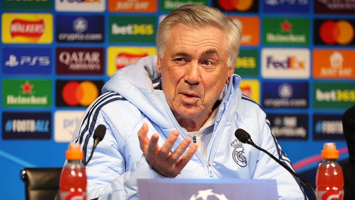 Carlo Ancelotti in the pre-match press conference for the first leg against Manchester City.