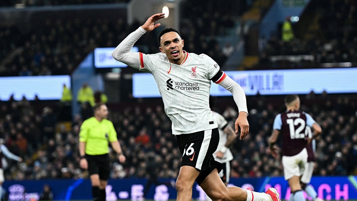 Trent Alexander-Arnold celebrates his goal against Aston Villa