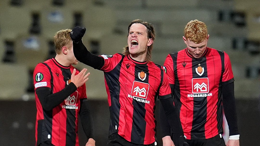 Photo: X | UEFA Conference League : David Orn Atlason of Vikingur Reykjavik celebrating after a goal.