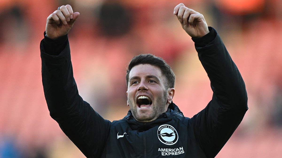 Fabian Hurzeler celebrates with the Brighton fans after their 4-0 win over Southampton.
