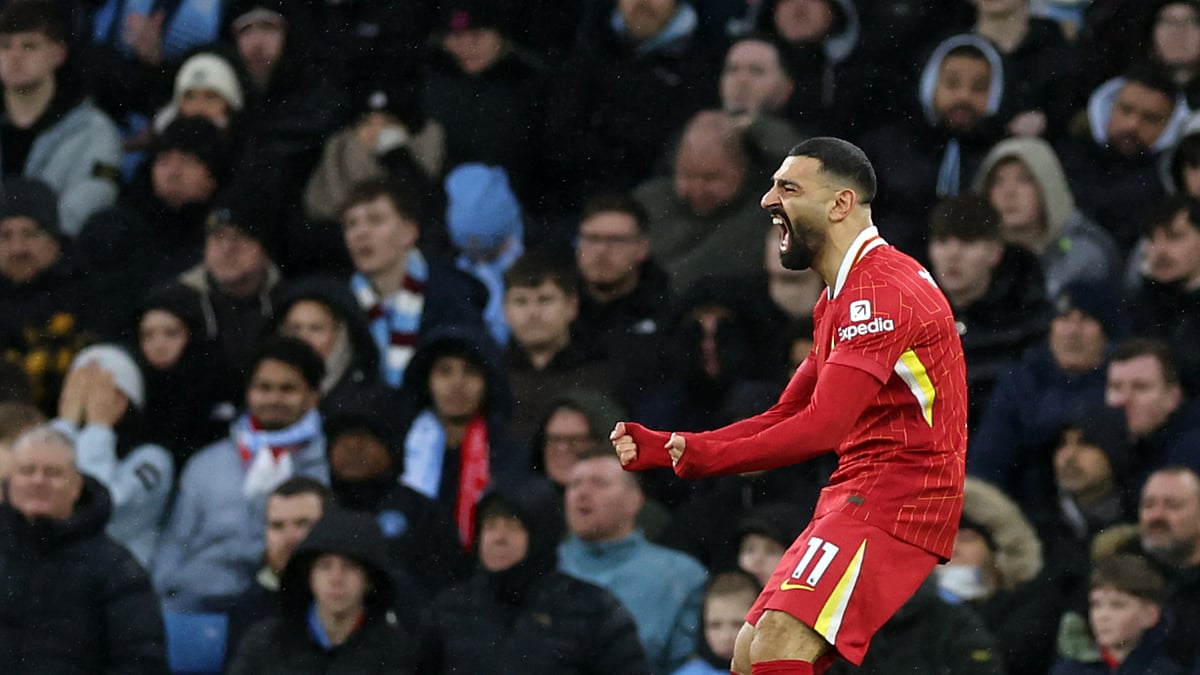 Mohamed Salah celebrates at Manchester City on Sunday