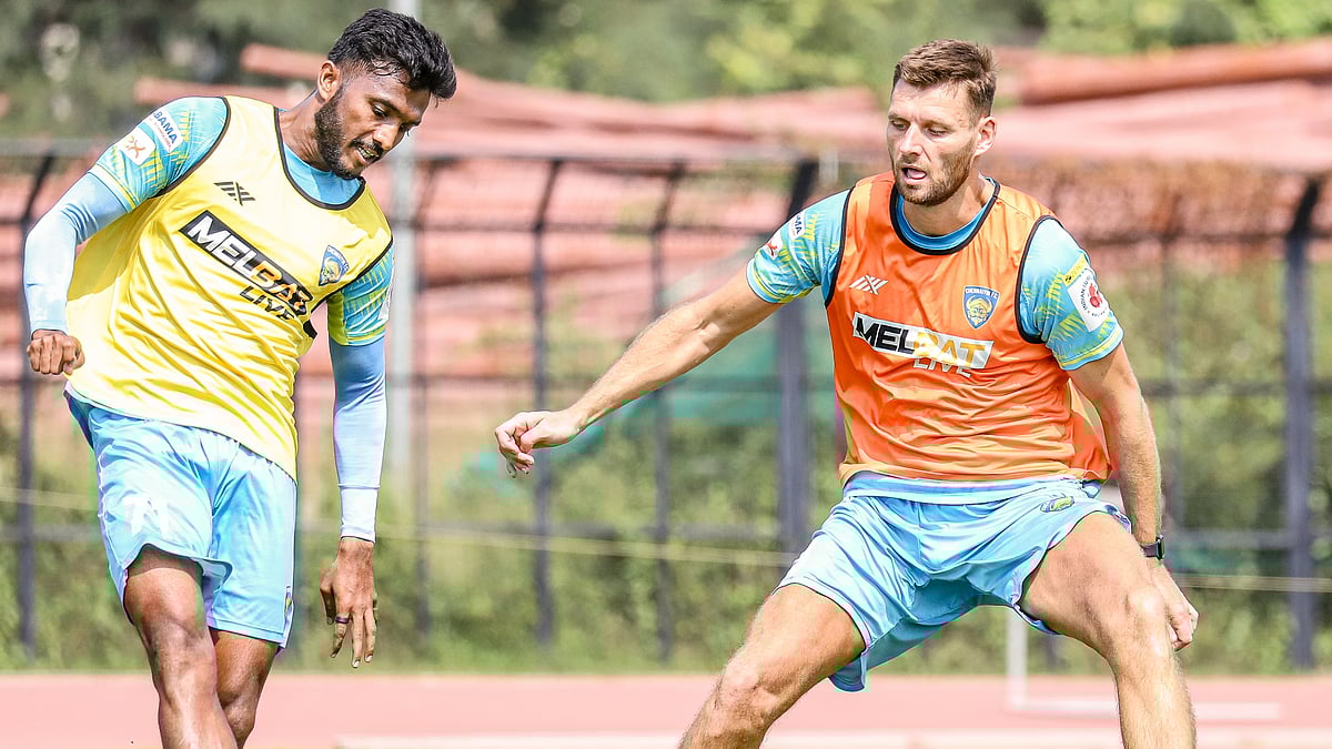 Special Arrangement : Chennaiyin FC's Farukh Choudhary and Ryan Edwards at a training session before the away clash with Bengaluru FC.