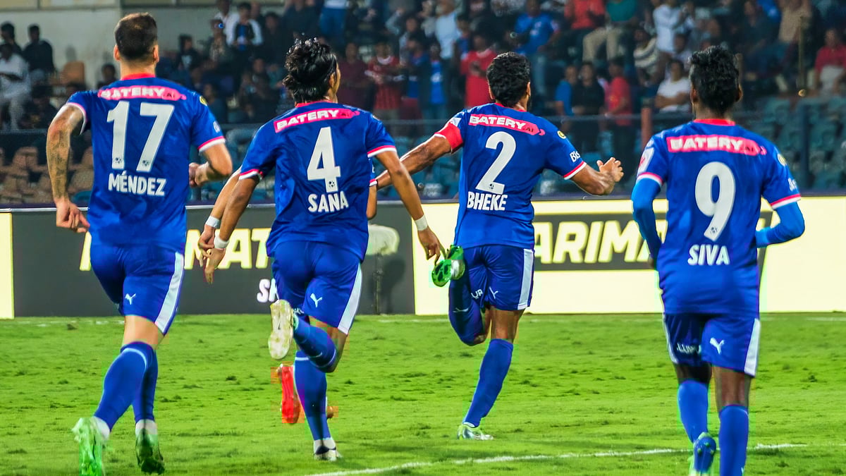 ISL/FSDL : Bengaluru FC players celebrate Rahul Bheke's goal against Chennaiyin FC.