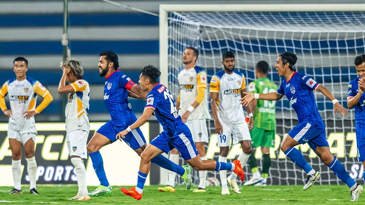 Photo: ISL/FSDL : Rahul Bheke celebrates with teammates after scoring Bengaluru FC's opening goal against Chennaiyin FC.