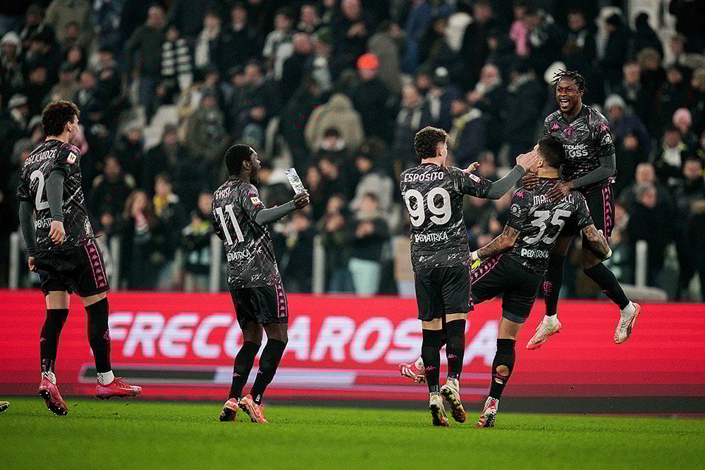 | Photo: Marco Alpozzi/LaPresse via AP : Coppa Italia Quarter-final: Empoli's Luca Marianucci celebrates after scoring the winning kick 