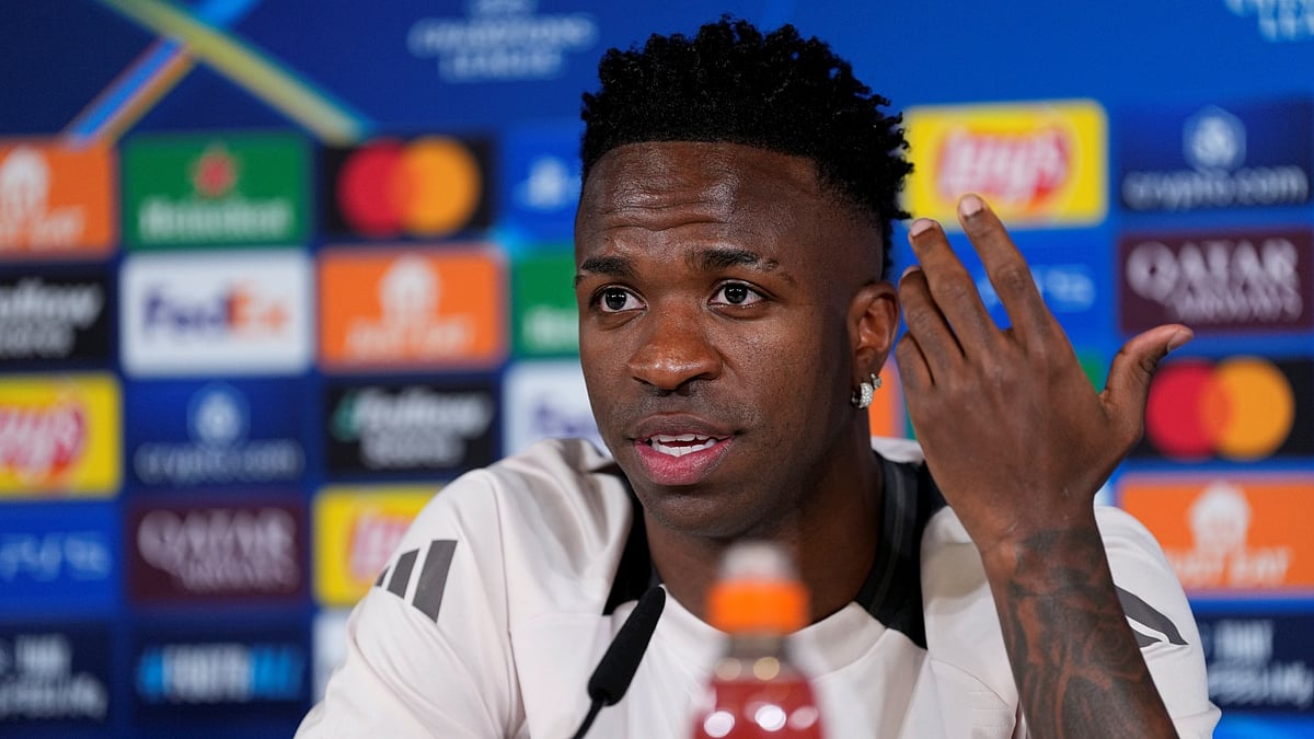 Vinicius Junior pictured at Monday's pre-match press conference