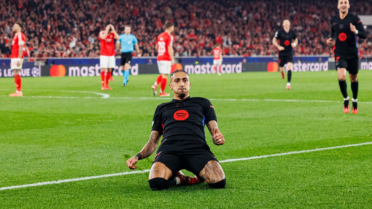 Barcelona player Raphinha during the UEFA Champions League match against Benfica.