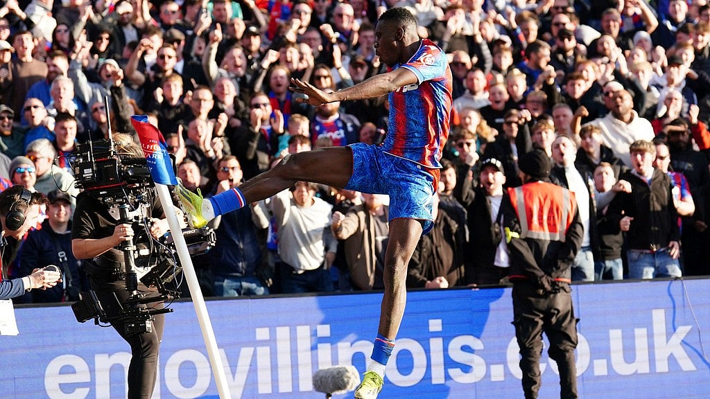 Zac Goodwin/PA via AP : Ismaila Sarr celebrates after scoring Crystal Palace's first goal against Ipswich Town at Selhurst Park.