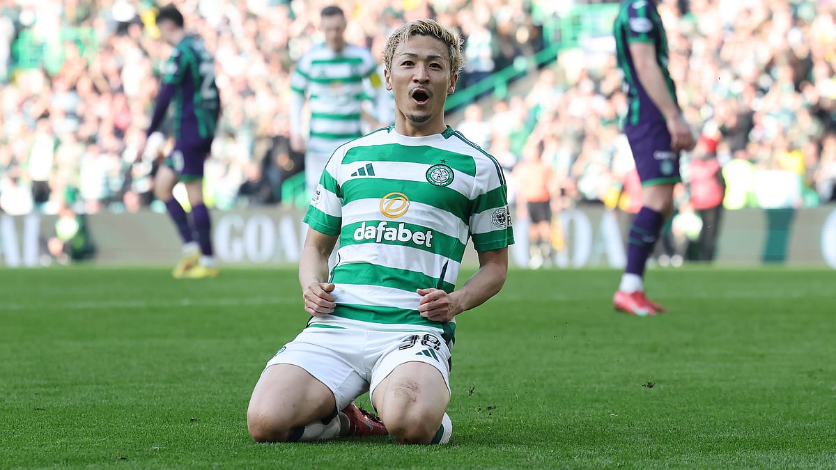 Daizen Maeda celebrates after scoring Celtic's opening goal