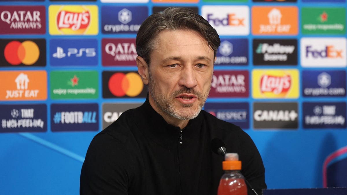 Niko Kovac on pre-match press duties for Borussia Dortmund.