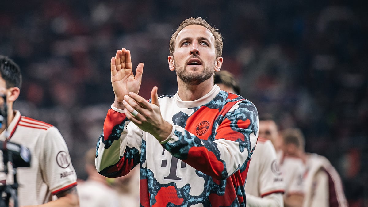 Harry Kane celebrates Bayern Munich's win over Bayer Leverkusen in the Champions League
