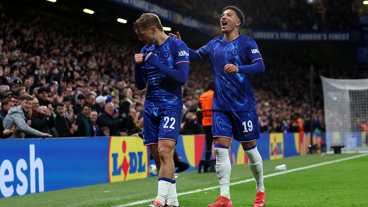 Jadon Sancho and Kiernan Dewsbury-Hall celebrate the latter's goal on Thursday