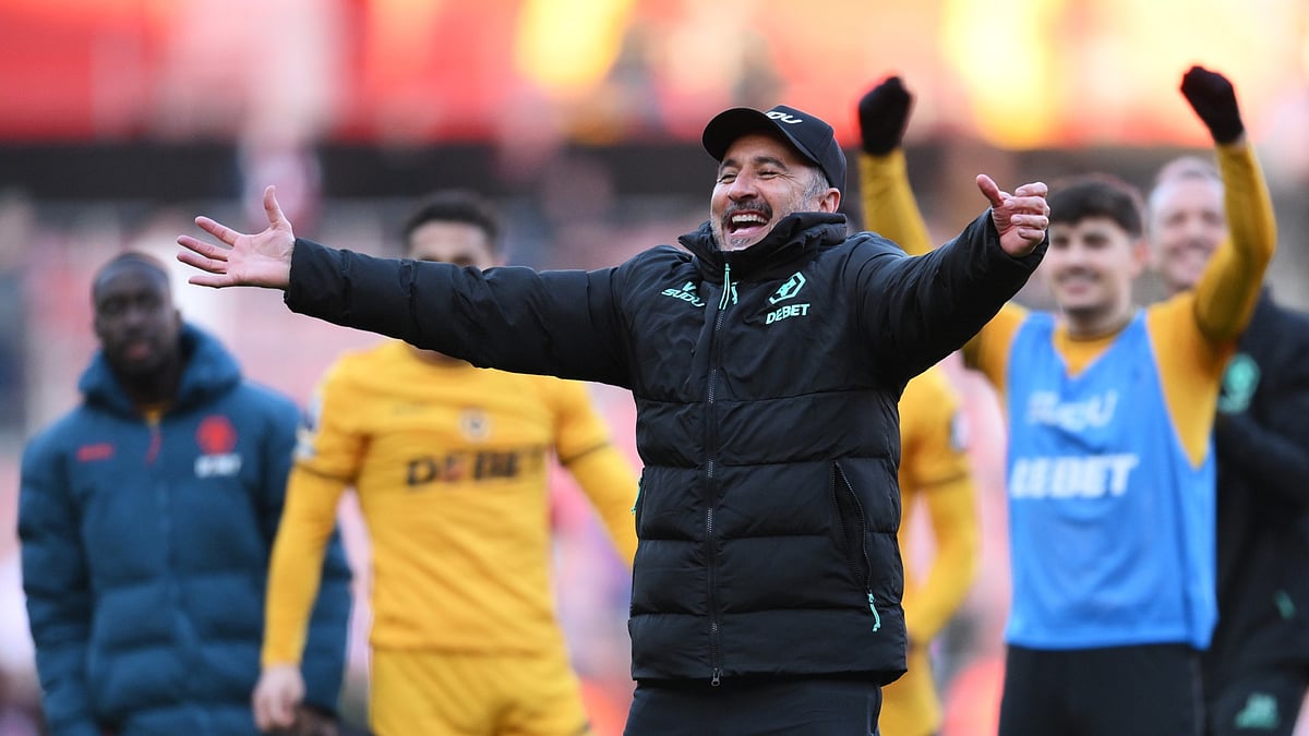 Vitor Pereira celebrates Wolves' 2-1 win at Southampton with the travelling away fans.