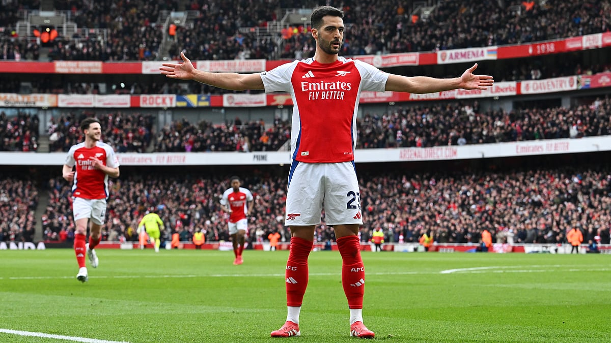 Mikel Merino celebrates his first-half opener for Arsenal